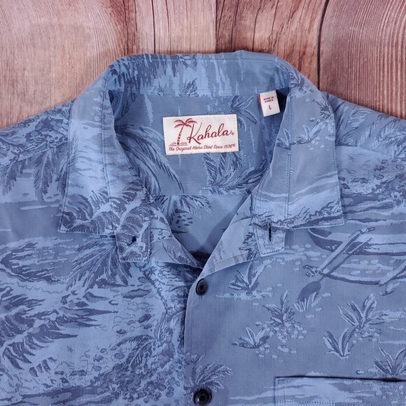 Kahala Mens Large Blue Aloha Hawaiian Palm Tree Island Scenic SS Camp Shirt - Picture 4 of 13